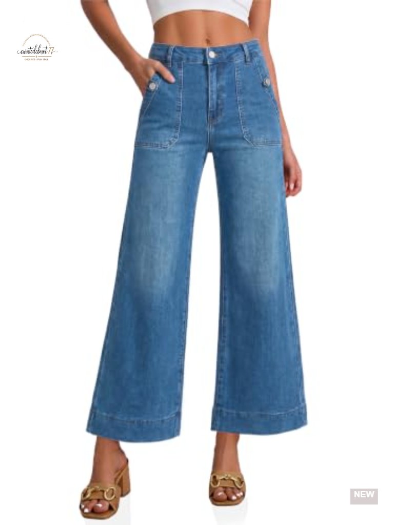 Womens Baggy Cropped Flare Wide Leg High Waisted Denim Jeans Pants Loose Fit